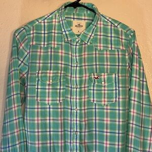 Hollister Pearl Snap Button down collar, teal Plaid Long Sleeve Western Cotton
